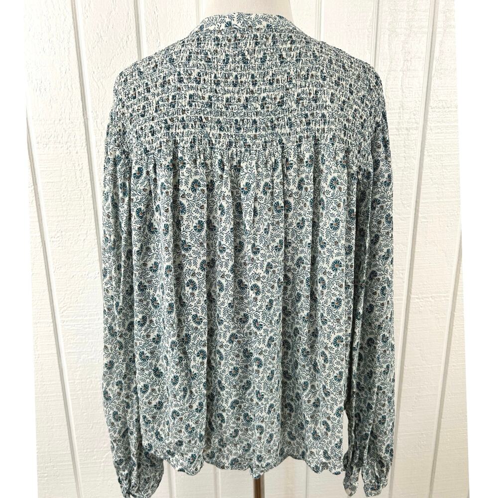 A Loves A Floral Peasant Blouse Medium Blue Boho Smocked Long Sleeve Viscose Top - Picture 6 of 9